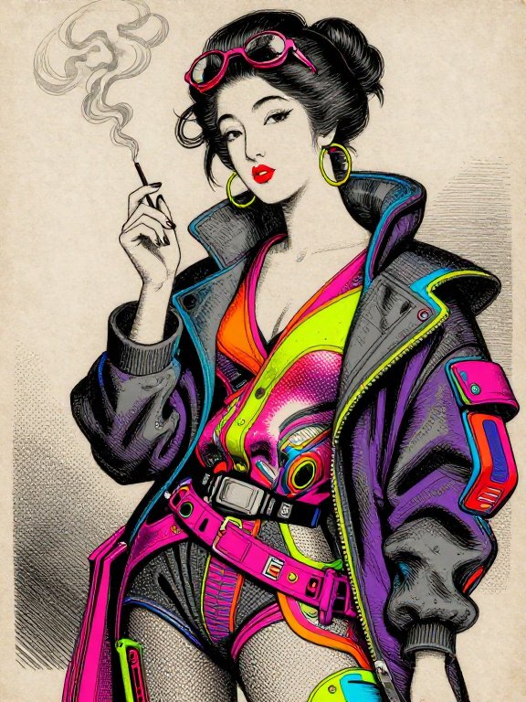 Cyberpunk geisha in neon streetwear holding a lit cigarette, pink goggles perched on her updo