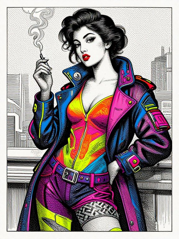 Retro cyberpunk woman in bold neon clothing holds a cigarette against a sketched city skyline
