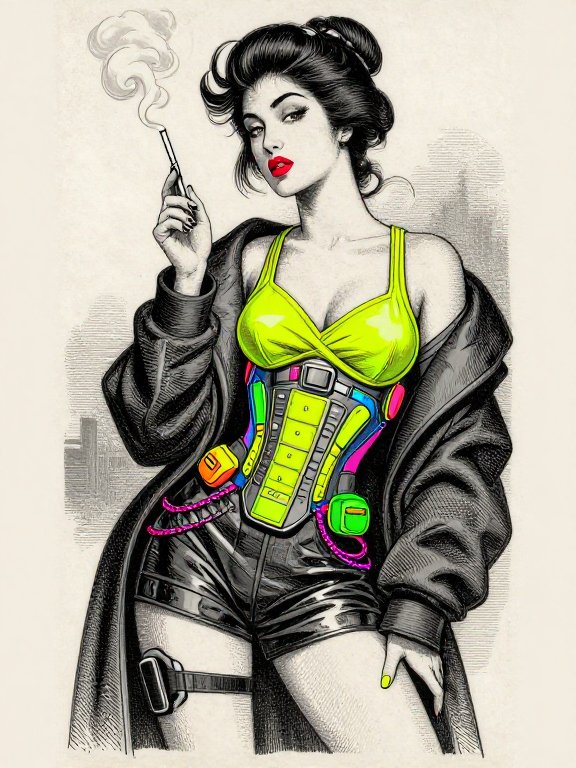 Stylized pinup woman with red lipstick holds a cigarette holder, wearing a neon cyberpunk corset in engraved illustration
