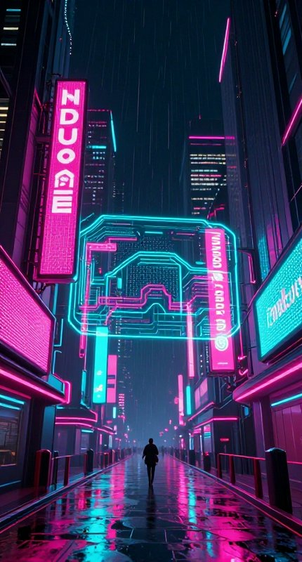 Lone silhouetted figure walks down a rain-soaked neon-lit cyberpunk city street at night