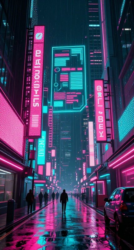 Silhouetted pedestrians traverse a rain-slicked neon-lit cyberpunk city street at night