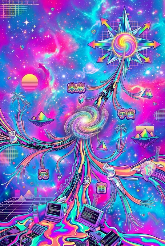 Psychedelic vaporwave illustration of a glowing cosmic tree against a neon starry nebula sky