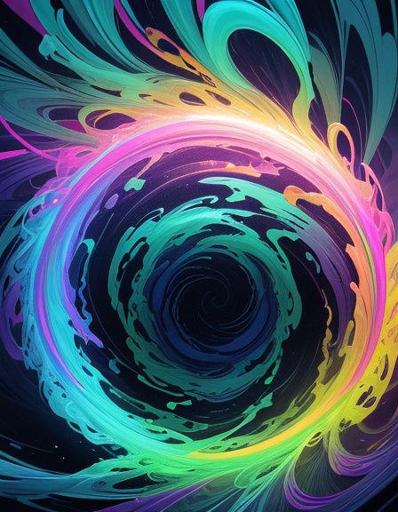 Vibrant neon rainbow fluid paint swirls in a tight spiral against a dark black background