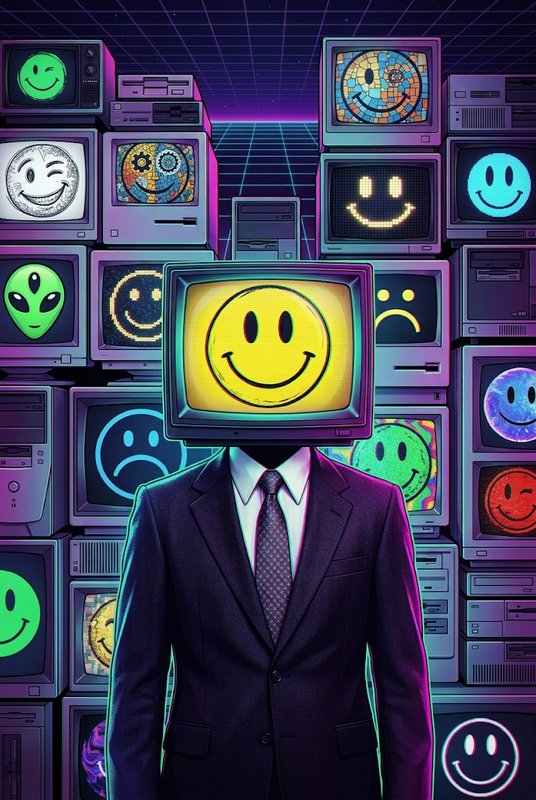 Person in a business suit with a CRT smiley face head stands before stacks of vintage emoji-covered computers
