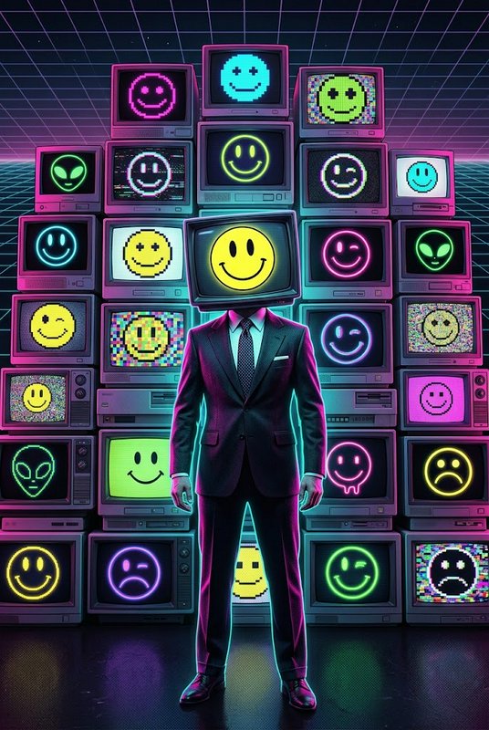 Suited figure with a CRT TV head displaying a smiley stands before a wall of retro monitors showing neon emojis
