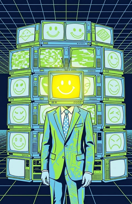 Surreal suited figure with a glowing yellow smiley-faced TV head stands before a stack of vintage CRT monitors