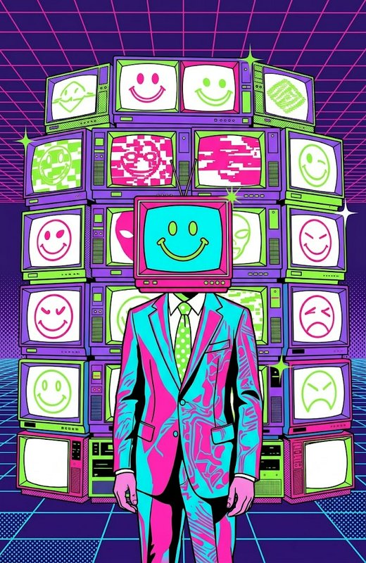 Surreal vaporwave illustration of a suited figure with a smiley-face CRT TV head standing before a stack of retro monitors