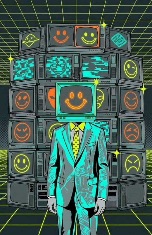 Suited figure with a CRT TV head stands before a stacked wall of retro monitors displaying neon smiley emojis
