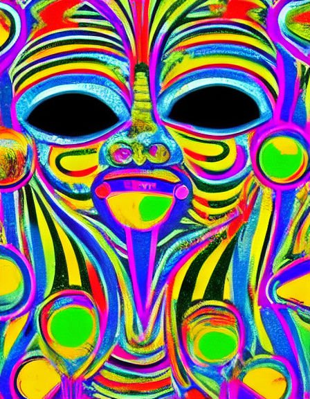 Vibrant neon psychedelic stylized tribal mask portrait with bold swirling rainbow linework