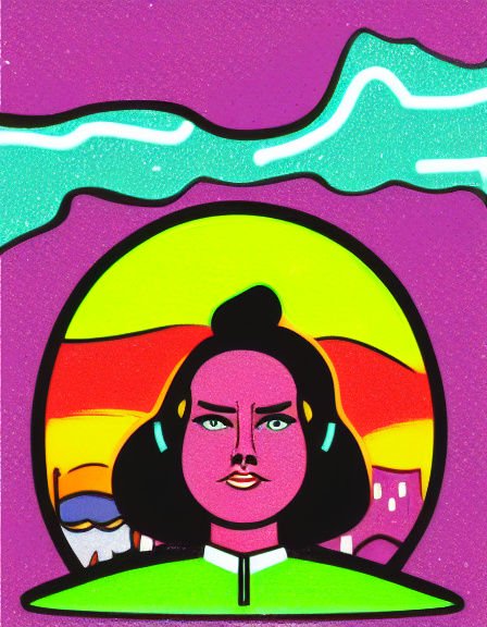 Bold psychedelic pop art portrait of a pink-skinned woman with headphones inside a circular graphic frame