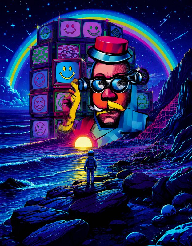 Astronaut stands on a rocky coastal shore facing a surreal retro-futuristic figure with stacked smiley CRT TVs under a