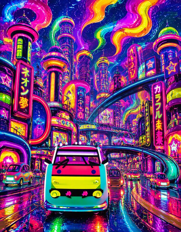 Vibrant psychedelic neon futuristic city with colorful retro cars under a swirling starry cosmic sky