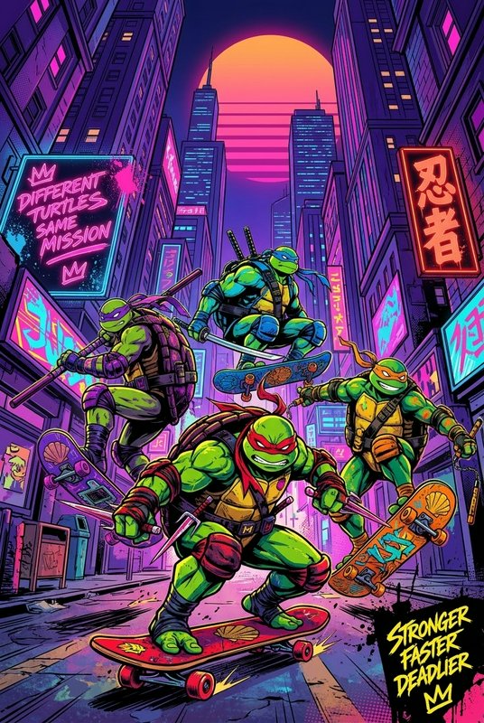 Teenage Mutant Ninja Turtles skateboard down a neon cyberpunk city street at sunset