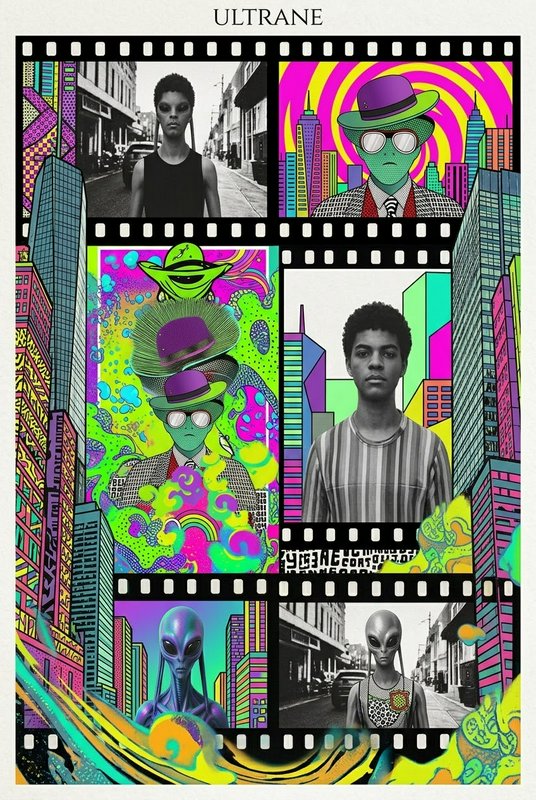 Surreal film strip collage contrasting monochrome human portraits with vibrant psychedelic alien city illustrations