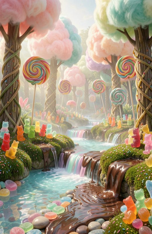 Whimsical enchanted candy forest with cotton candy trees, swirly lollipops, gummy bears, and swee...