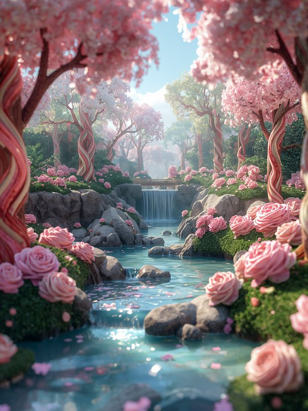 Enchanted fantasy garden with swirled candy trees, pink roses, turquoise stream, and small cascad...