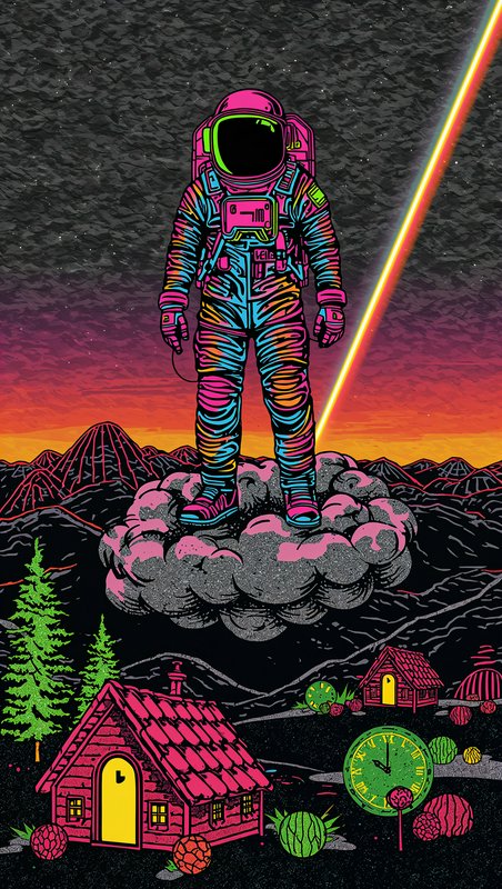 Psychedelic neon astronaut stands on a floating cloud above a surreal whimsical alien valley land...