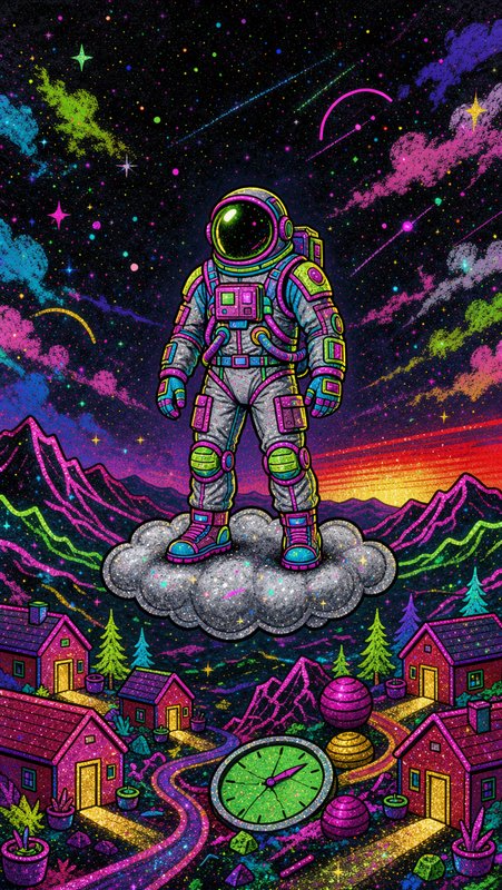 Neon psychedelic astronaut standing on a glittering floating cloud above a whimsical alien villag...
