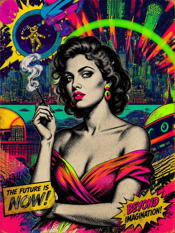 Retro pop art femme fatale holding a cigarette holder against a vibrant neon retro-futuristic cit...