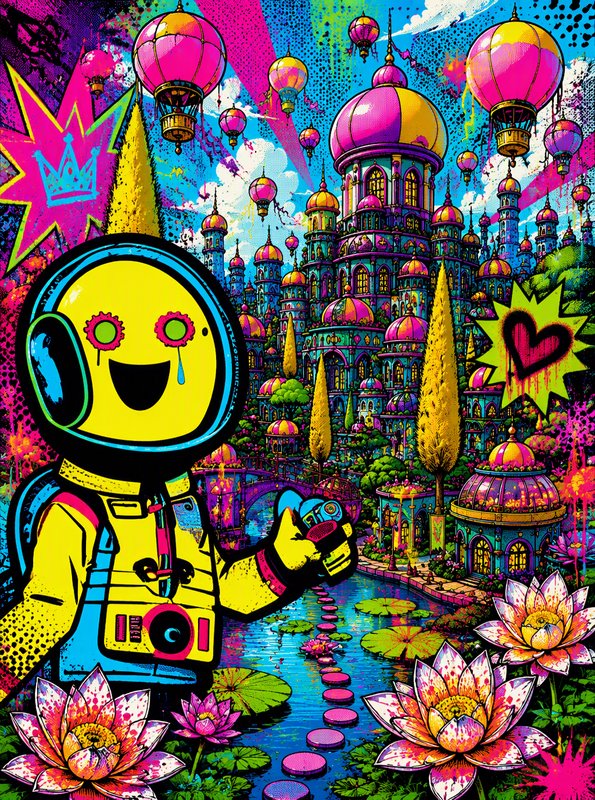 Cheerful yellow smiley astronaut stands before a neon fantasy palace with lotus ponds and floatin...