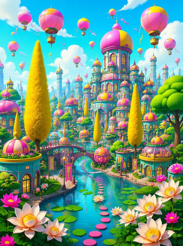 Whimsical fairytale city with pastel domed palaces, floating hot air balloons, and a lotus-lined ...