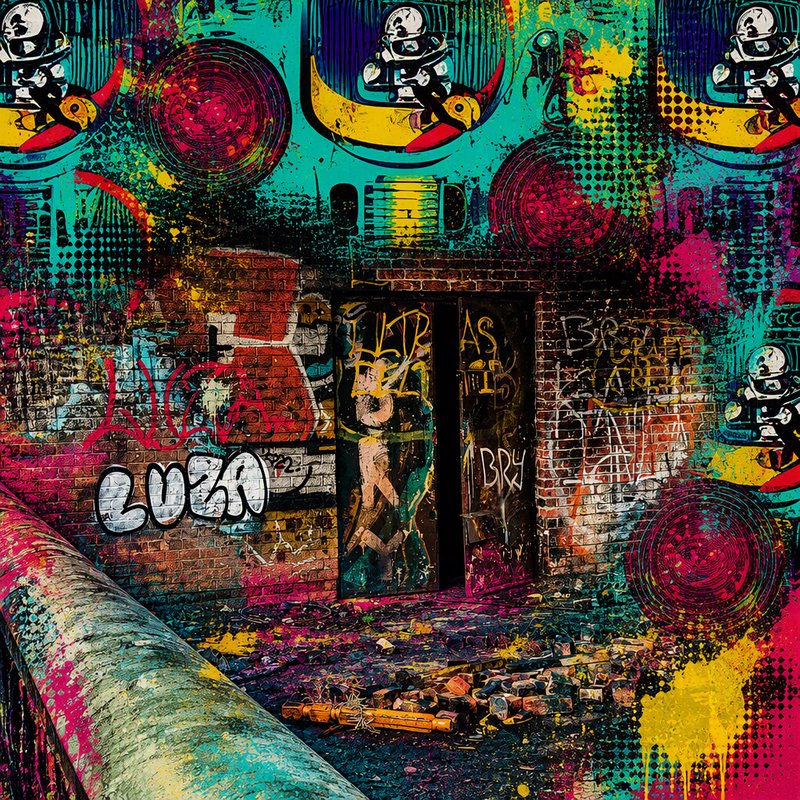 Vibrant graffiti-covered brick wall with repeating surreal astronaut illustrations, spray paint t...