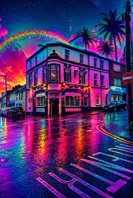 Surreal neon-lit corner pub stands on a wet city street under a glittering rainbow and starry gra...