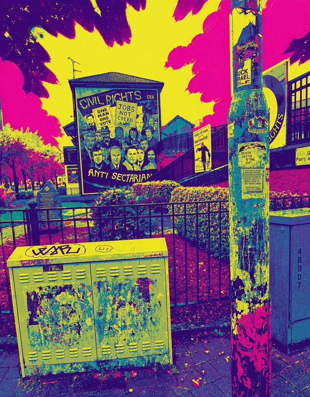 Psychedelic pop art street scene featuring a historic Northern Ireland civil rights mural