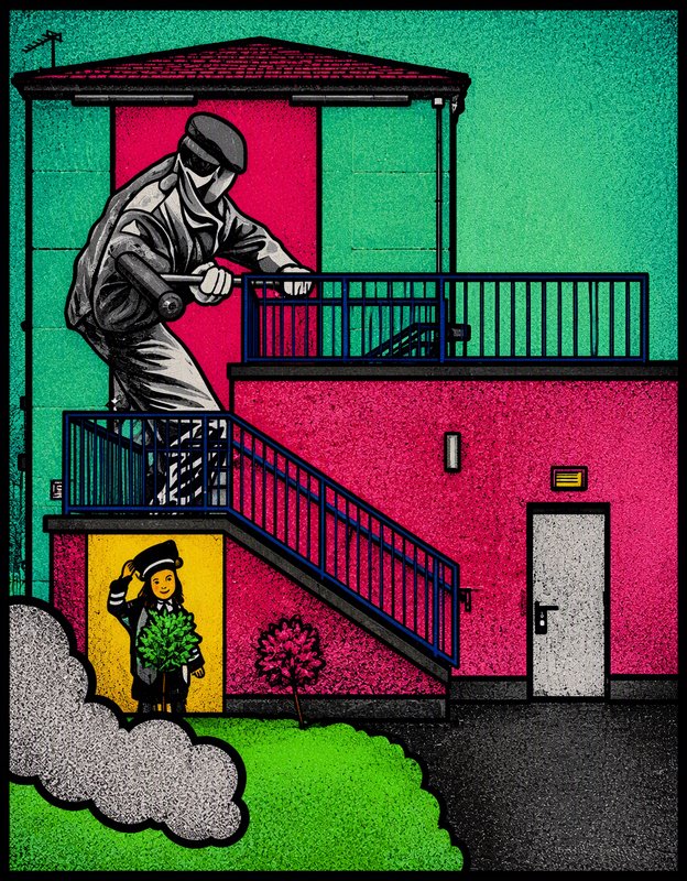 Bold pop art illustration of a masked armed figure on apartment stairs above a waving doorman