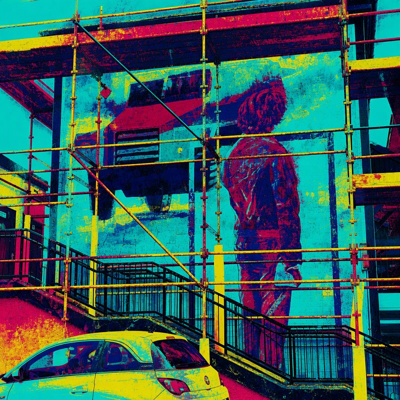 Bold pop art urban scene with scaffolding, wall mural, and parked compact car