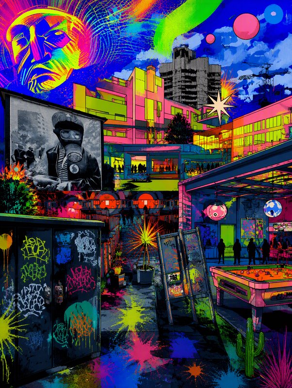 Surreal neon cyberpunk urban courtyard with graffiti, pool table, billboard, and a psychedelic sw...