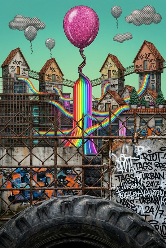 Surreal street art scene with a glitter pink balloon, rainbow streams linking graffiti-covered ho...