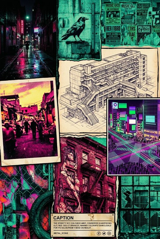 Grungy cyberpunk urban collage of NYC street scenes, architecture sketches, and vintage ephemera ...