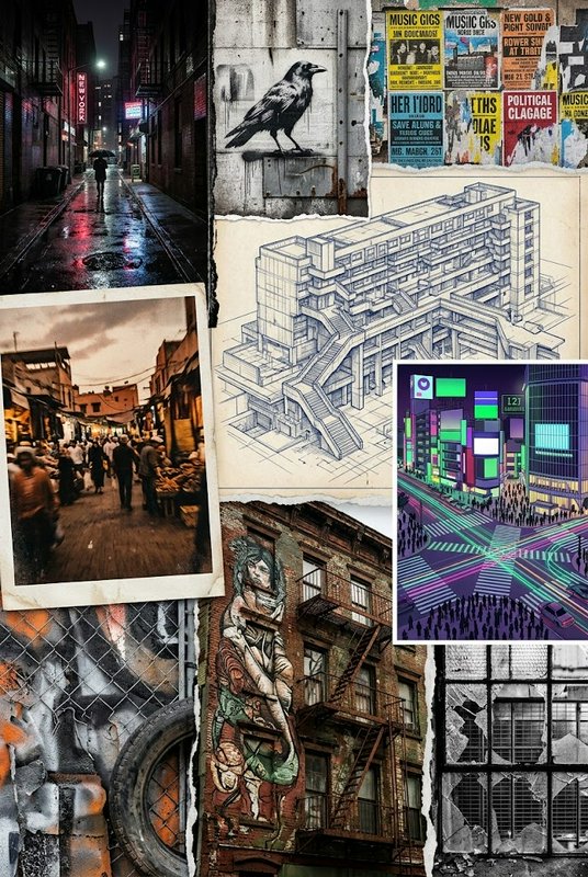 Eclectic torn-paper urban collage featuring street photos, graffiti, architecture sketches, and c...
