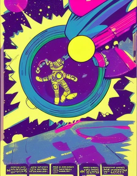Psychedelic retro illustration of an astronaut floating inside a glowing circular space portal in...