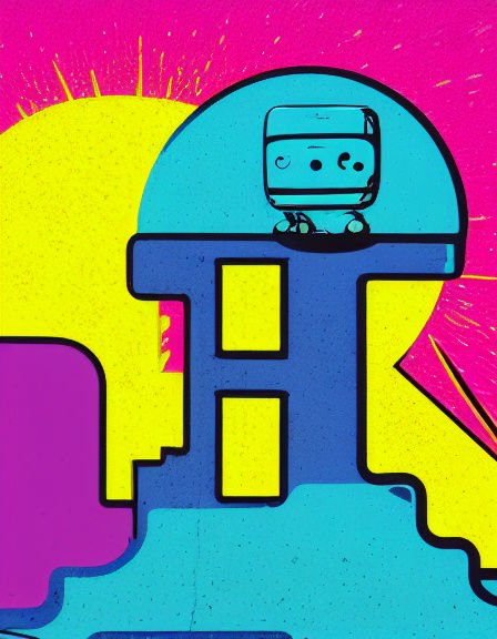 Cute boxy retro robot perched on a stylized building against a bright neon sunset sky
