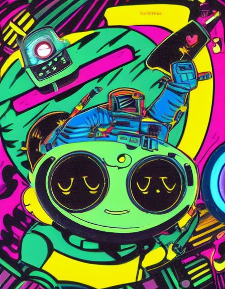 Cute green chibi astronaut robot holds a retro phone against a vivid neon psychedelic background