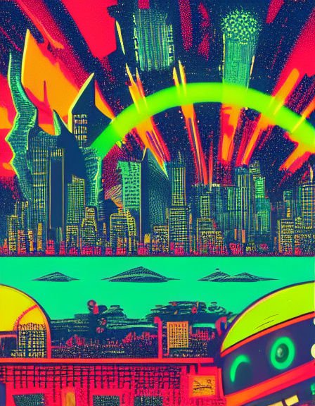 Surreal retro-futuristic neon cityscape with stacked skyscraper layers and a glowing green arc