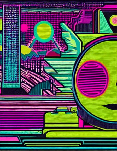 Bold neon synthwave illustration of a robot face overlooking a vibrant cyberpunk cityscape