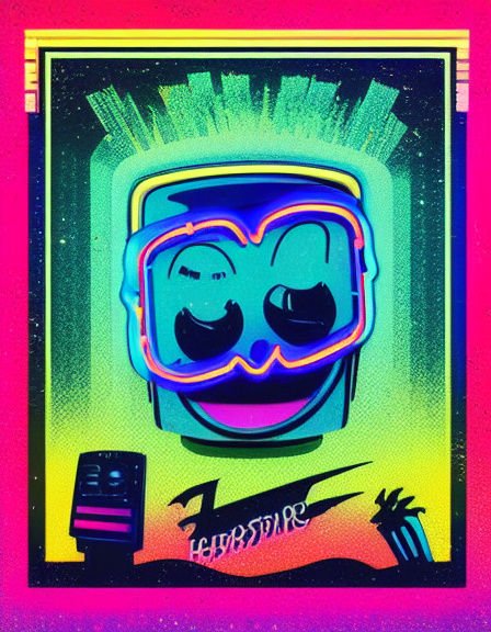 Smiling retro TV-headed cartoon character with goggles in a vibrant neon framed illustration