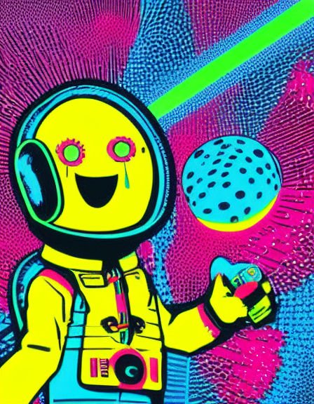 Bright neon pop art cheerful cartoon astronaut holding a drink next to a spotted alien planet