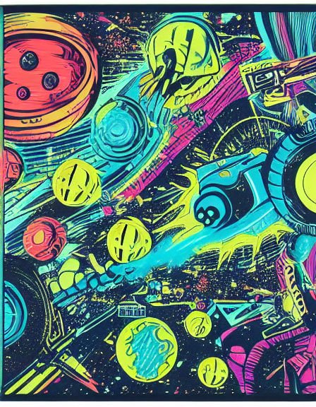 Psychedelic neon pop art illustration of swirling stylized alien planets in chaotic outer space