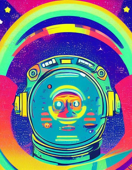 Psychedelic pop art astronaut in a teal spacesuit helmet framed by a rainbow over starry outer space