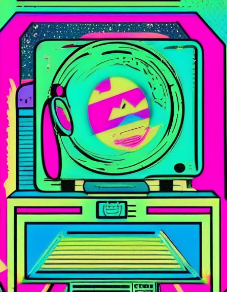 Bold vaporwave pop art illustration of a retro arcade game machine in bright neon 80s hues