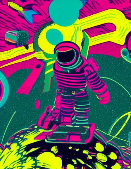 Neon pop art astronaut in a striped spacesuit stands on a tiny surreal alien planet