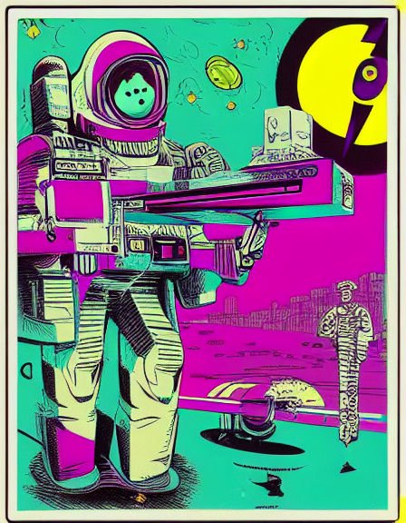 Retro pop art astronaut in a colorful spacesuit holds a large futuristic rifle on an alien world