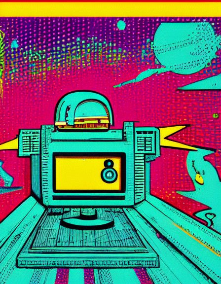 Bold pop art illustration of a blocky retro teal robot against a bright psychedelic dotted backgr...