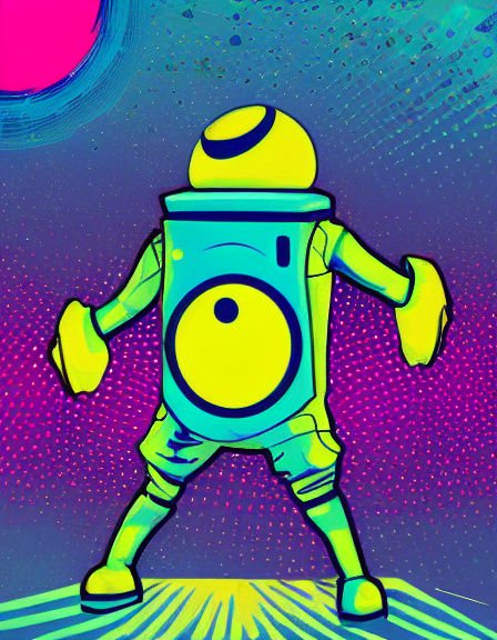 Bright neon cartoon robot dancing on a glowing platform against a psychedelic starry sky