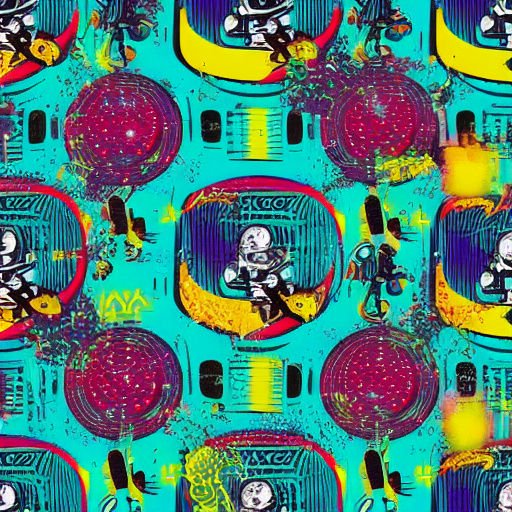 Seamless psychedelic pattern featuring framed cartoon skull motifs on a bright turquoise background