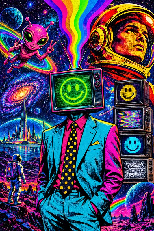 Surreal psychedelic space art featuring a TV-headed figure, floating pink alien, and astronauts i...